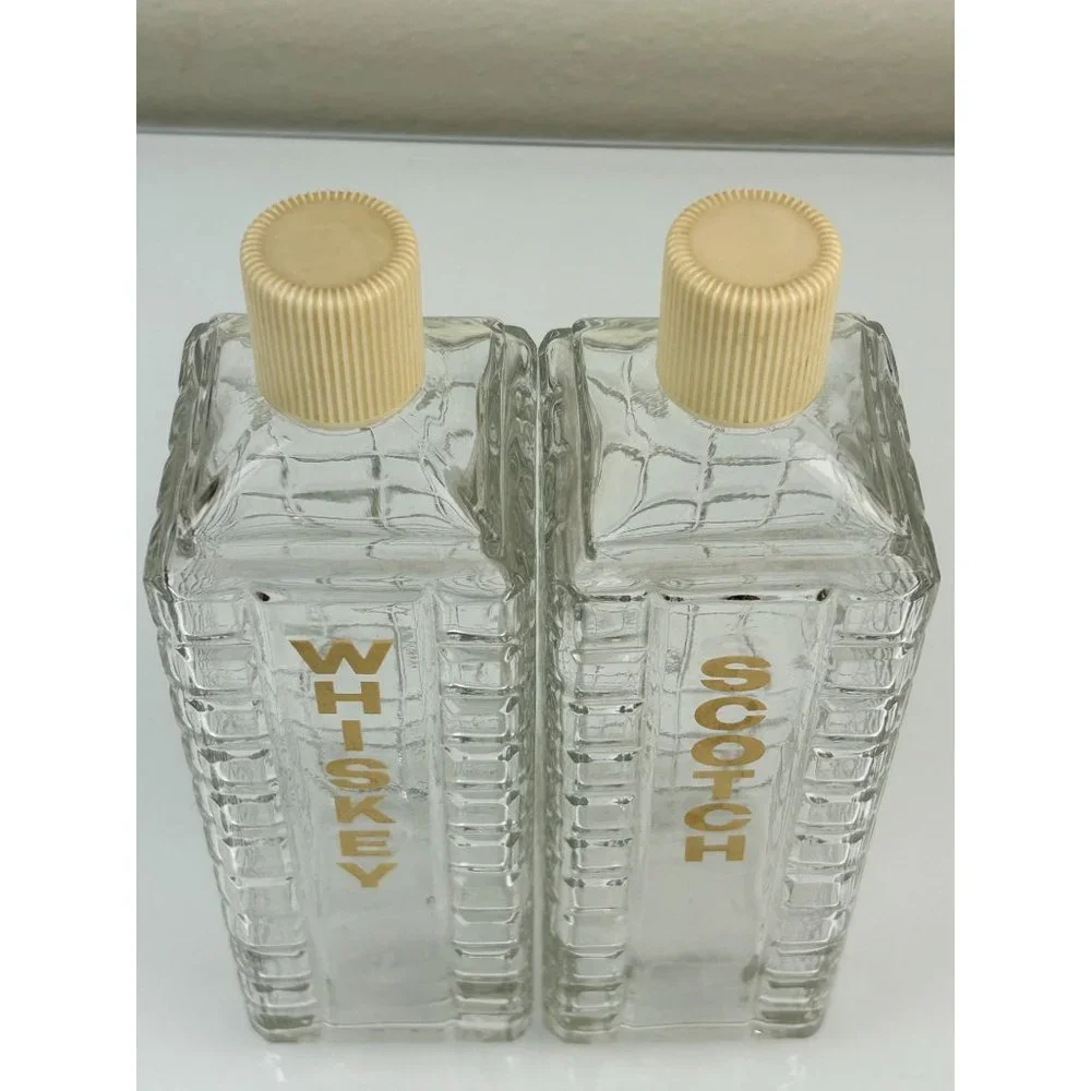Vintage MCM Mid-Century KAROFF Whiskey & Scotch Clear Glass Barware Bottles
